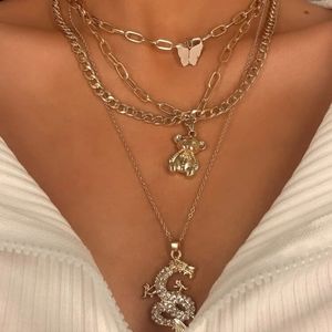 GOLD 4 PIECE LAYERED‎ CHARM NECKLACE SET DRAGON BEAR CHAINS RHINESTONE LUXURY